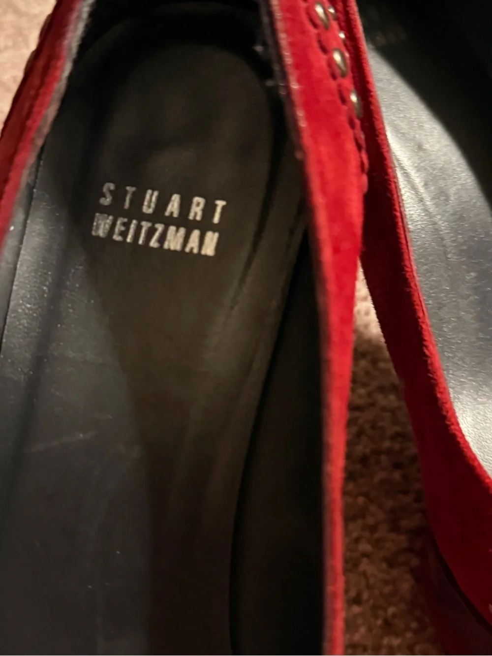 Stuart Weitzman Red Suede Studded Pointed-Toe Pumps